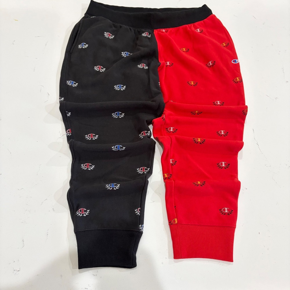 Champion Reverse Weave Split Joggers Mens 2XL Black Red All Over Logo P3700P